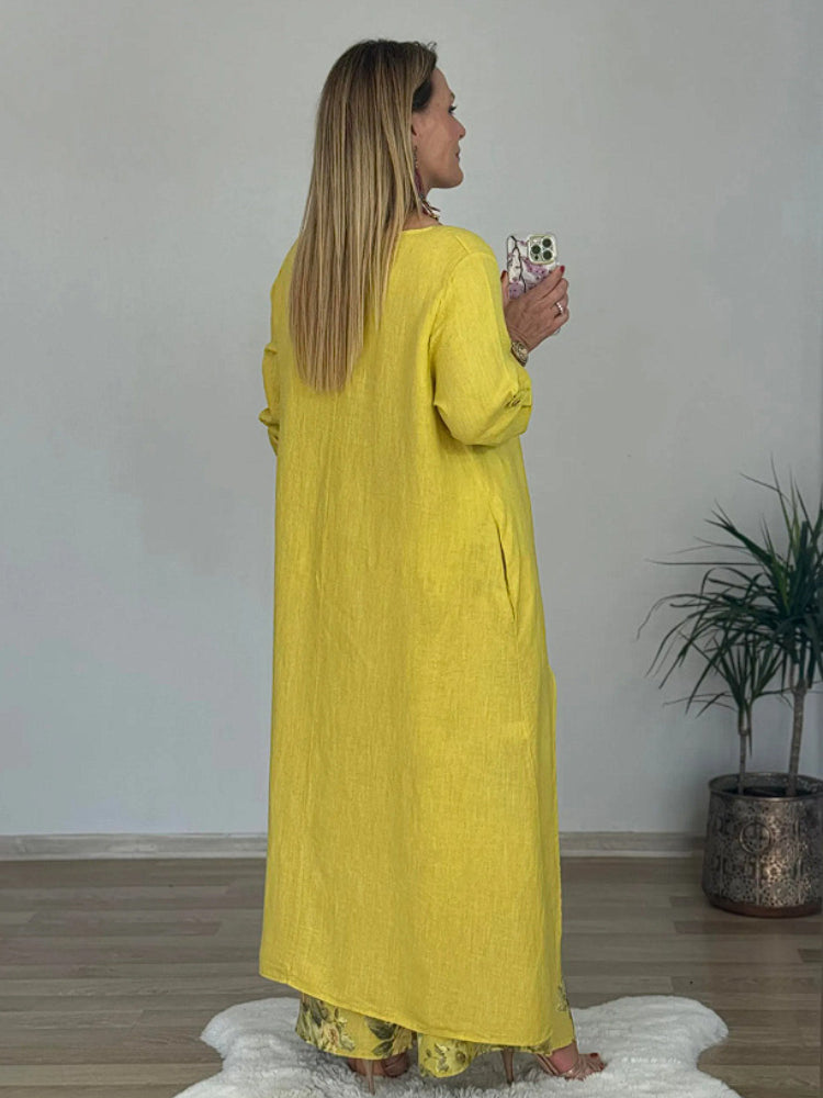 Комплект от памук и лен с нестандартен горнище и широки панталони