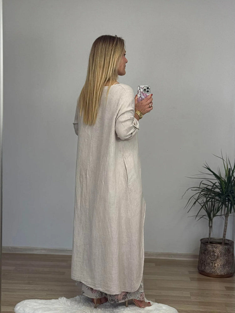 Комплект от памук и лен с нестандартен горнище и широки панталони