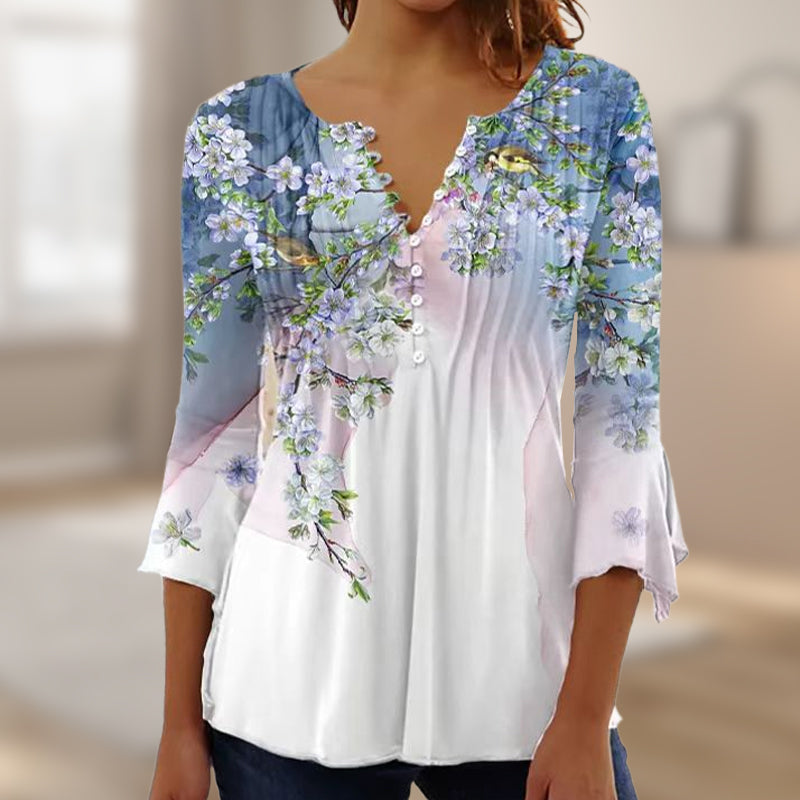🌺 Дамска риза с V-образно деколте и щампа✨