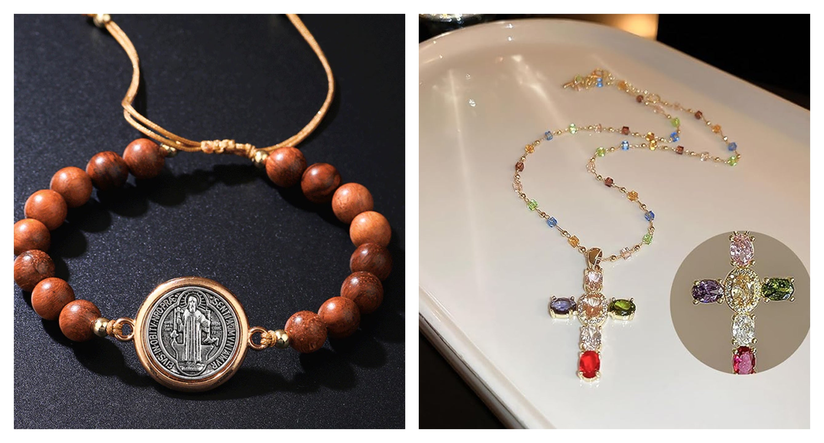 Унисекс, регулируема дървена гривна с мъниста „Свети Бенедикт“