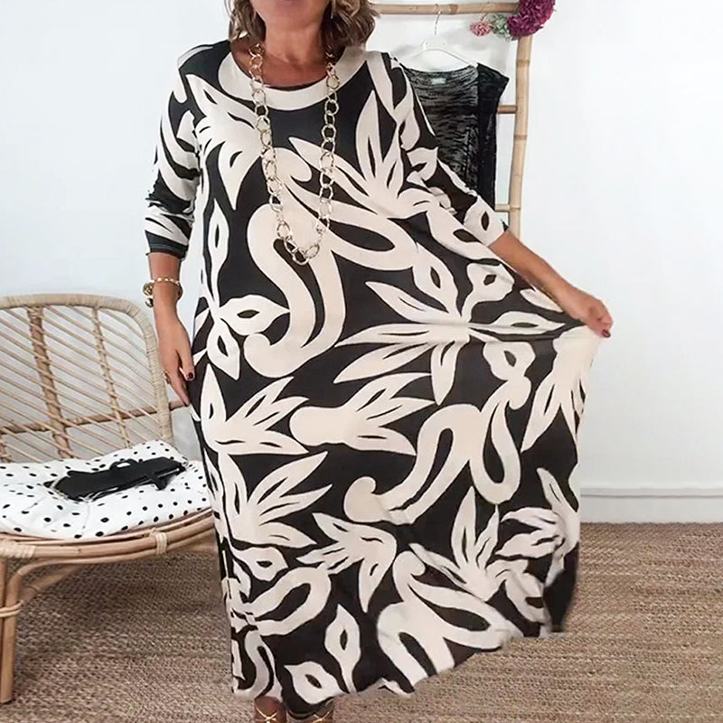 🌼Елегантна, свободна дамска рокля с обло деколте и шарки