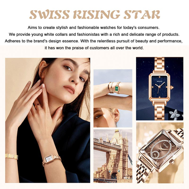 💎Моден квадратен дамски часовник от розово злато с диаманти