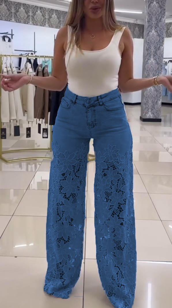 Дамски елегантни дантелени дънки