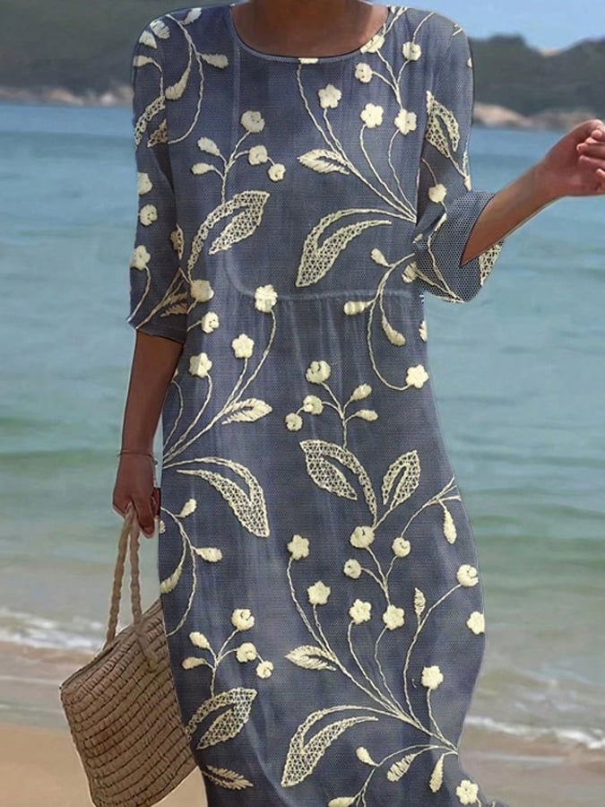 Дамска едноцветна рокля от памук и лен с кръгло деколте и флорален принт