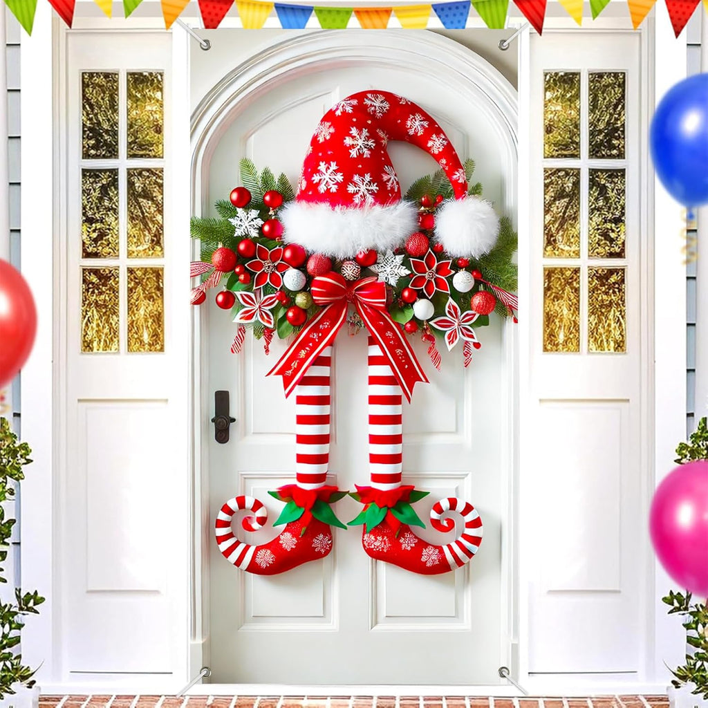 Коледен банер с елфически крака на вратата