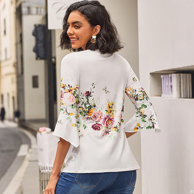 🌺 Дамска риза с V-образно деколте и щампа✨