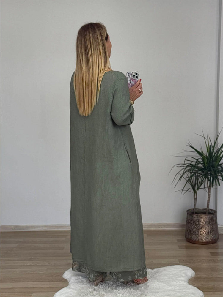 Комплект от памук и лен с нестандартен горнище и широки панталони