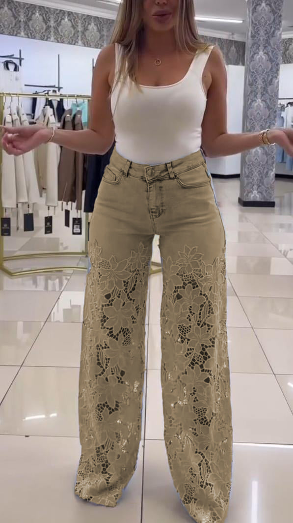 Дамски елегантни дантелени дънки