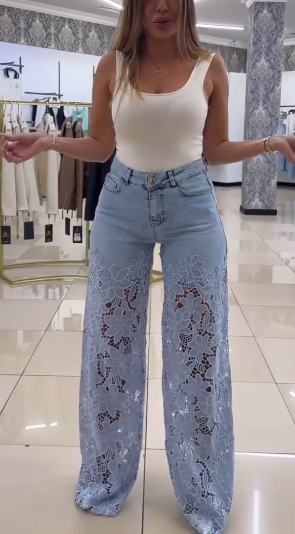 Дамски елегантни дантелени дънки