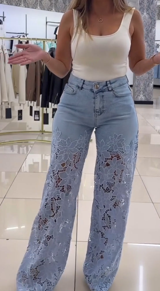 Дамски елегантни дантелени дънки