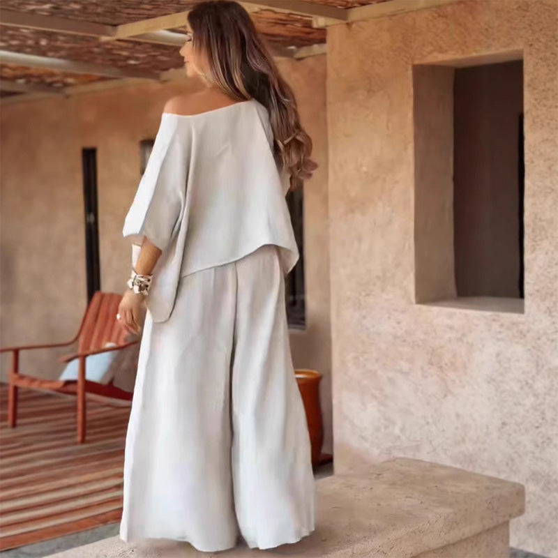 ⏳Специална оферта за ограничено време💕 Дамски комплект от две части с топ с открити рамене и широк панталон