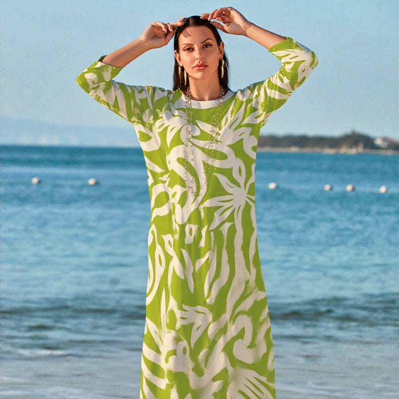 🌼Елегантна, свободна дамска рокля с обло деколте и шарки