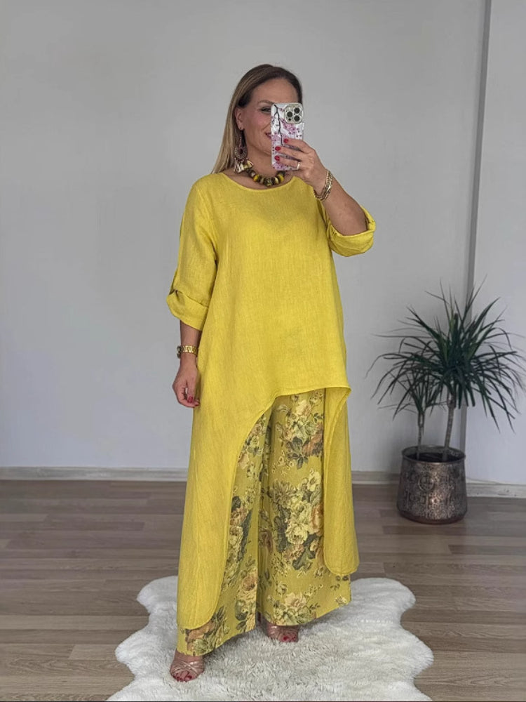 Комплект от памук и лен с нестандартен горнище и широки панталони