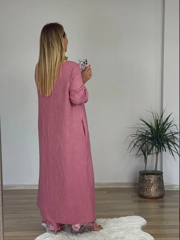 Комплект от памук и лен с нестандартен горнище и широки панталони