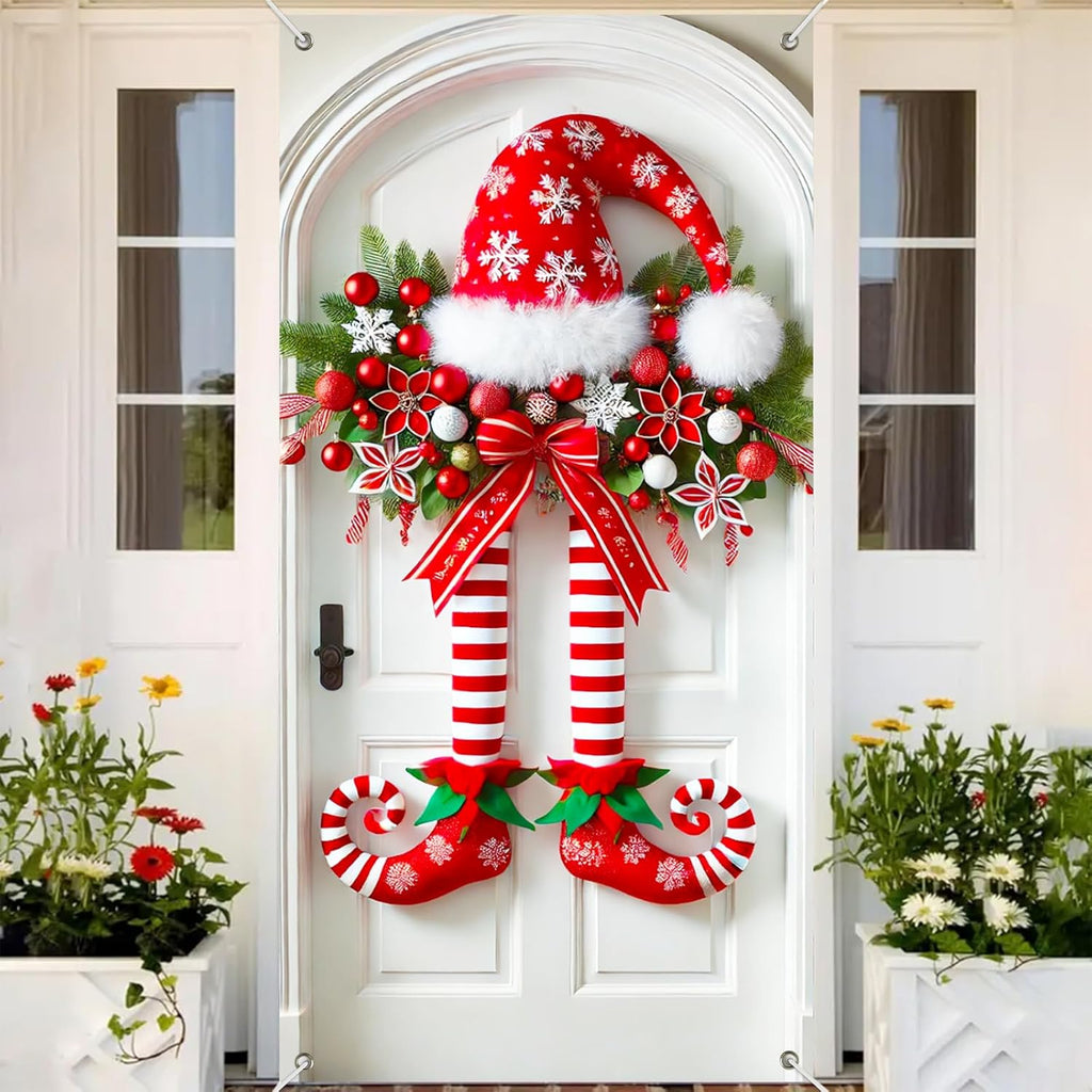 Коледен банер с елфически крака на вратата