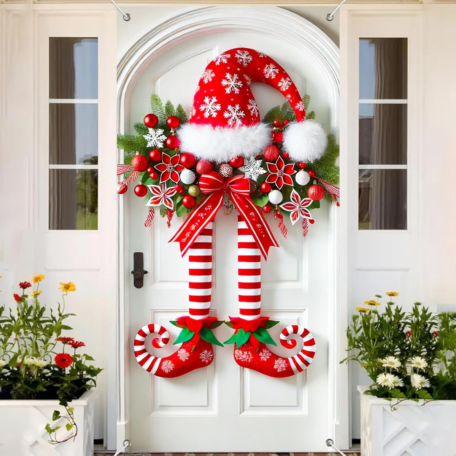 Коледен банер с елфически крака на вратата