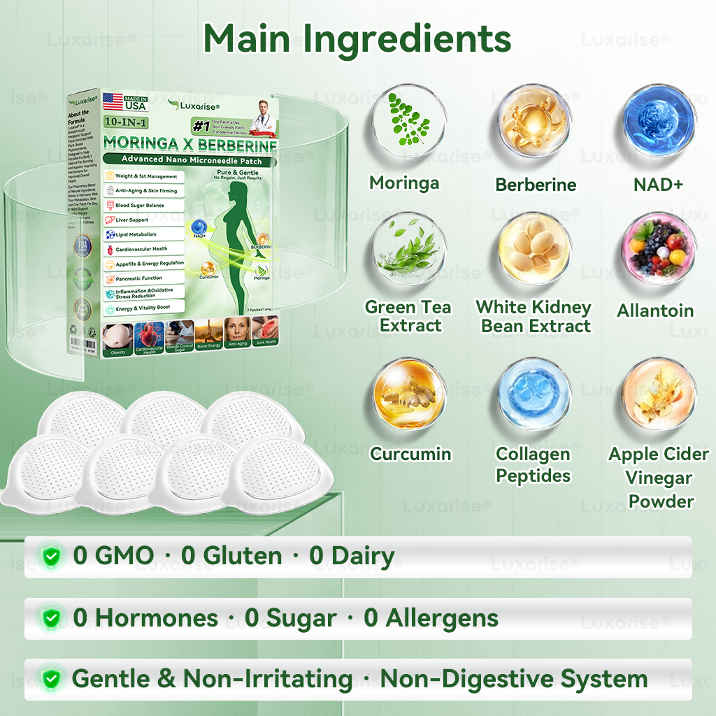 Официален магазин | Luxarise® Моринга и Берберин 10 в 1 пластир с наномигли 📦 (веднъж дневно, видими промени след 7 дни) Проблеми със ставите Затлъстяване, диабет, сънна апнея и