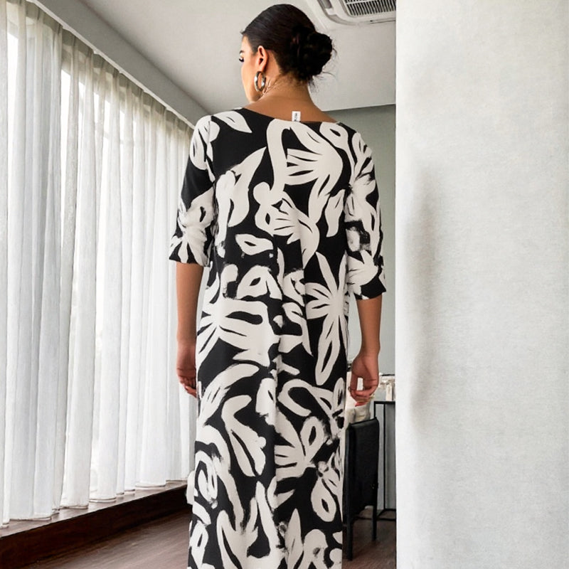 🌼Елегантна, свободна дамска рокля с обло деколте и шарки