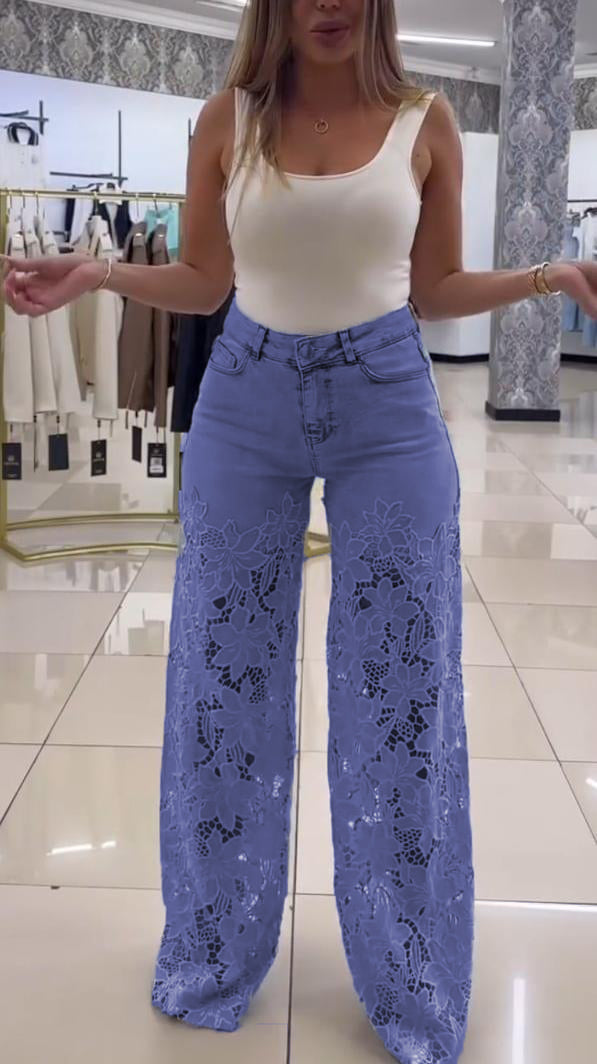 Дамски елегантни дантелени дънки