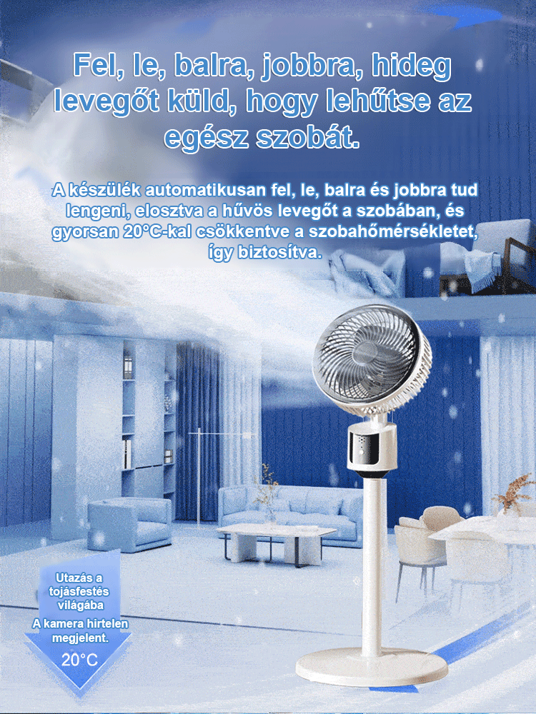 Halk nélküli, energiatakarékos, körkörös forgású álló ventilátor