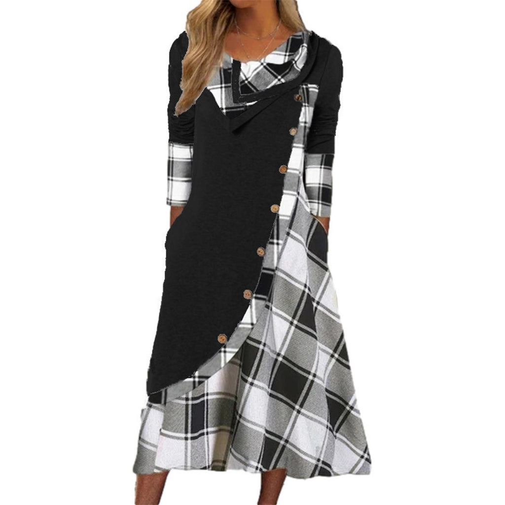 👗 Női Kockás Patchwork Garbós Maxiruha – Elegáns Őszi Hosszú Ruha & Meleg Viselet