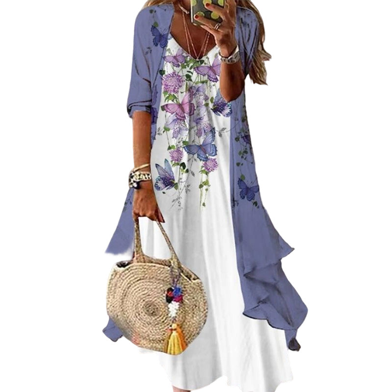 🌸✨ Női Bohém Virágmintás Maxi Ruha & Strandkendő Szett – 2 részes, Könnyed Nyári Elegancia