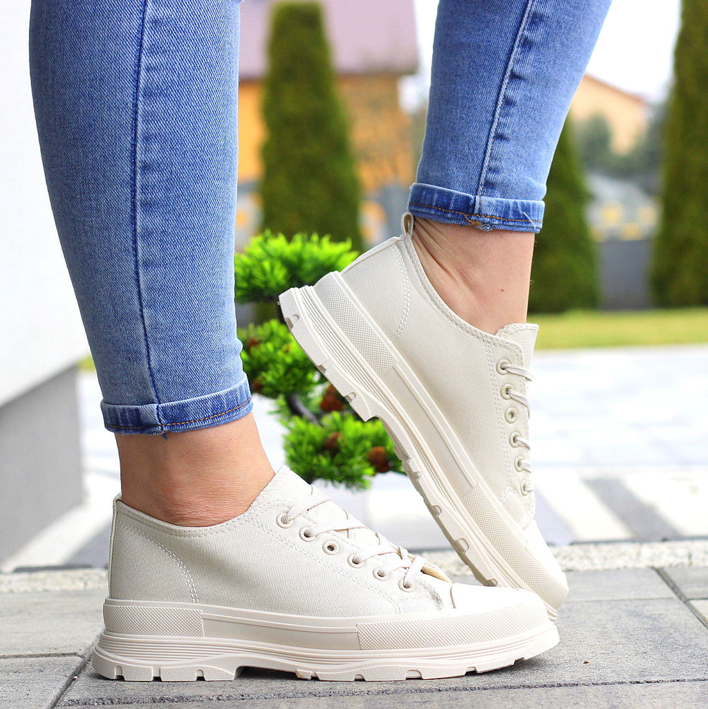 Krótkie Jasno Beżowe Trampki Damskie Sznurowane Star