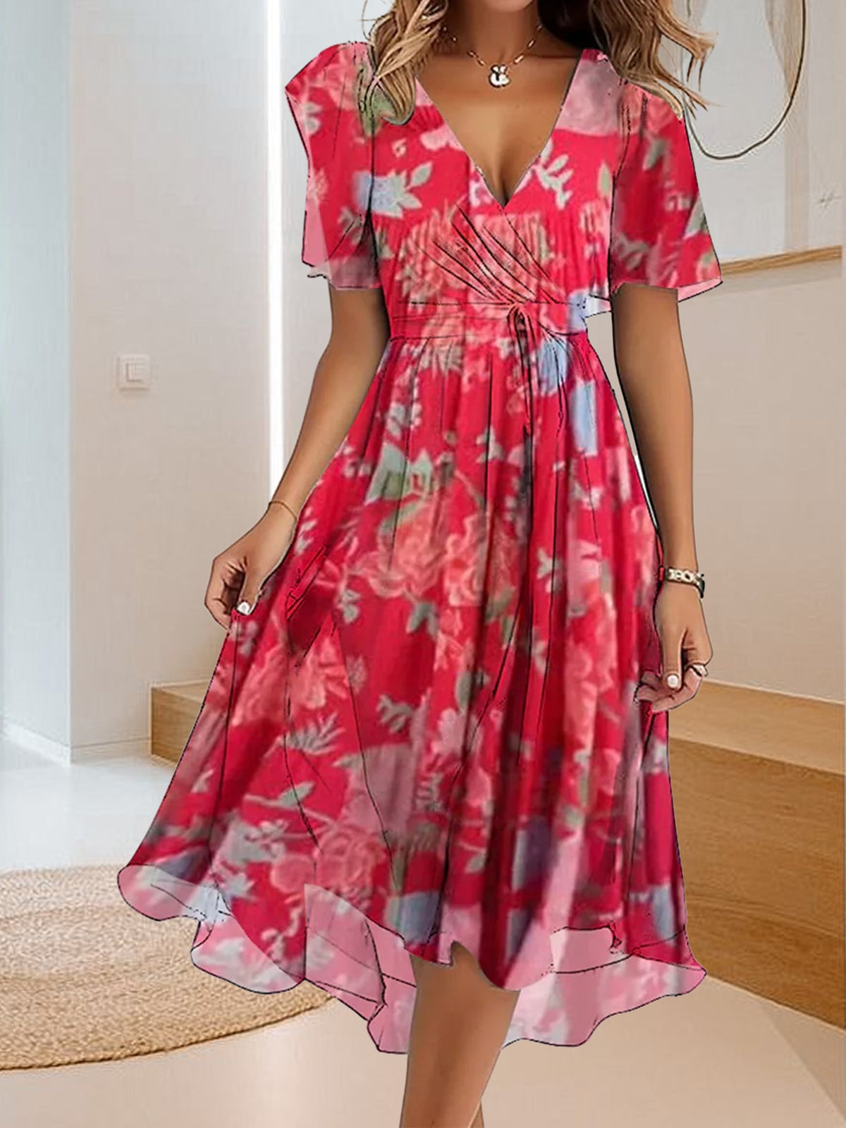 Ежедневна рокля с V-образно деколте, семпла, с щампа