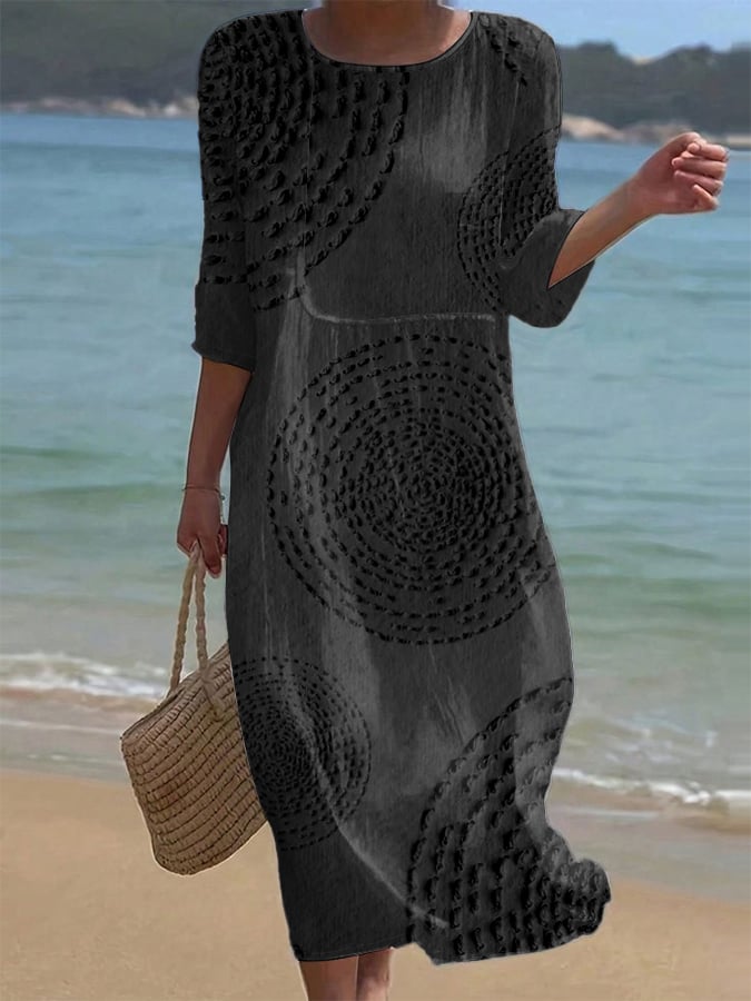 Дамска ежедневна едноцветна рокля с кръгло деколте и средна дължина на ръкавите, флорален принт от памук и лен