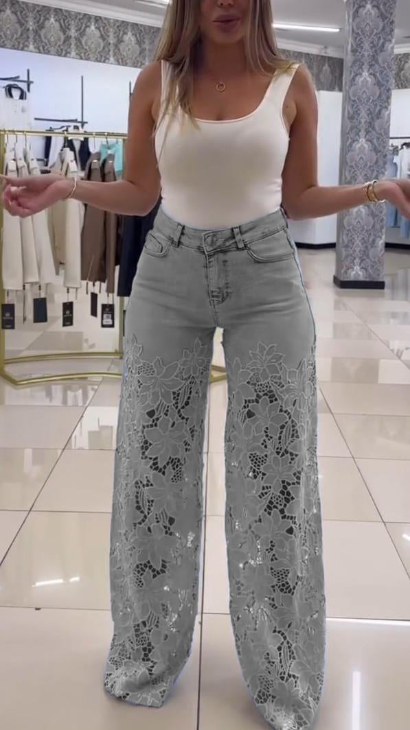 Дамски елегантни дантелени дънки