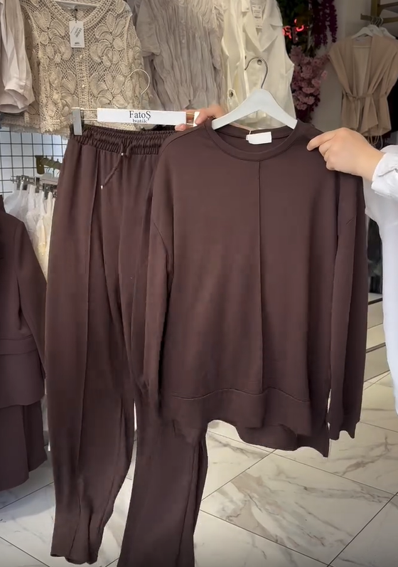 Hosszú ujjú, kerek nyakkivágású női pamut nadrág szett