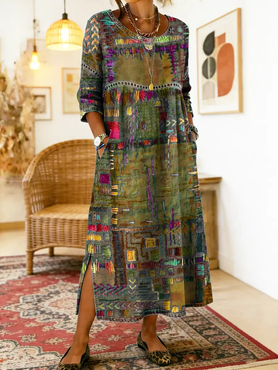 Női pamut farmer ruha nyomtatott és etnikai foltvarrásos mintával, csipkeszegéllyel