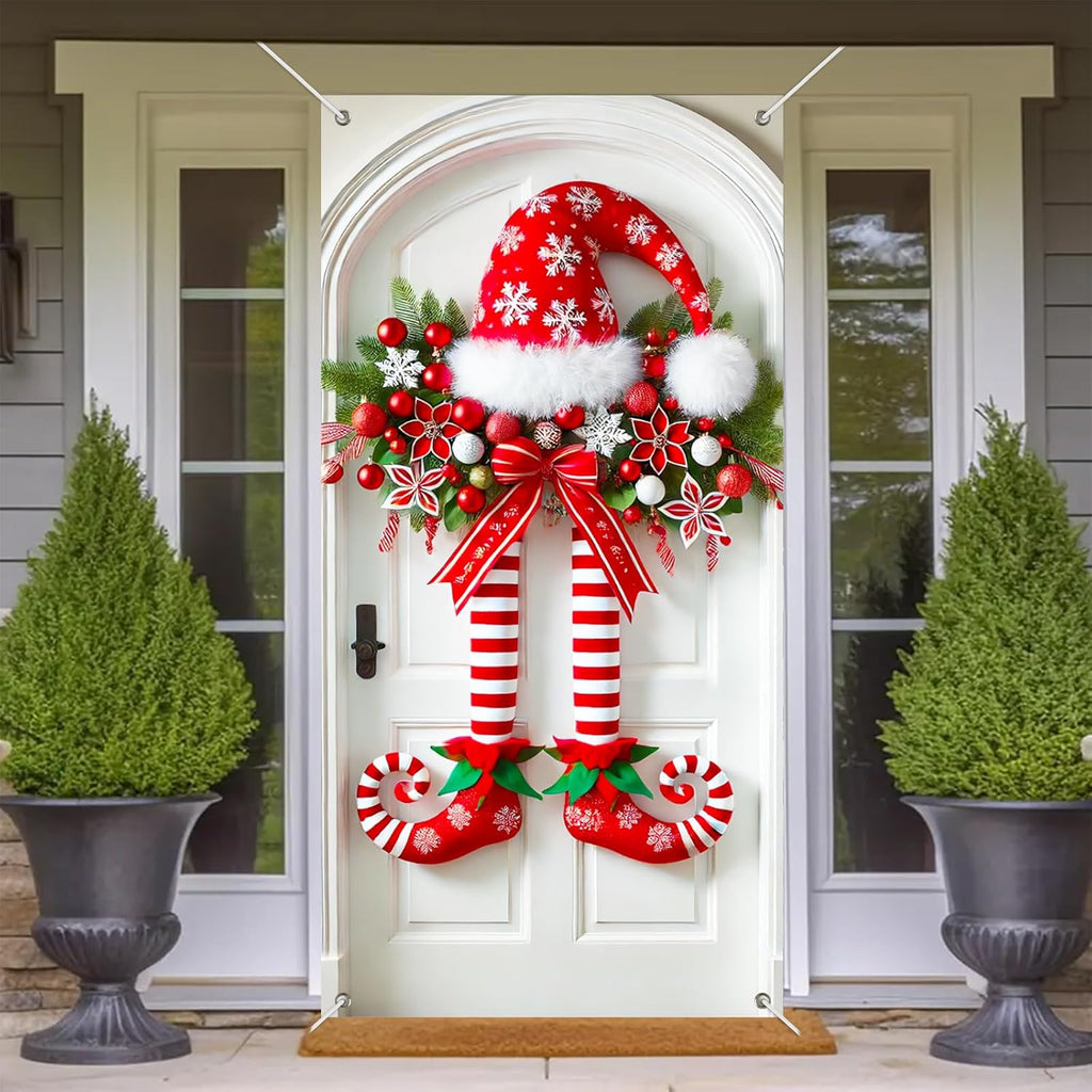 Коледен банер с елфически крака на вратата