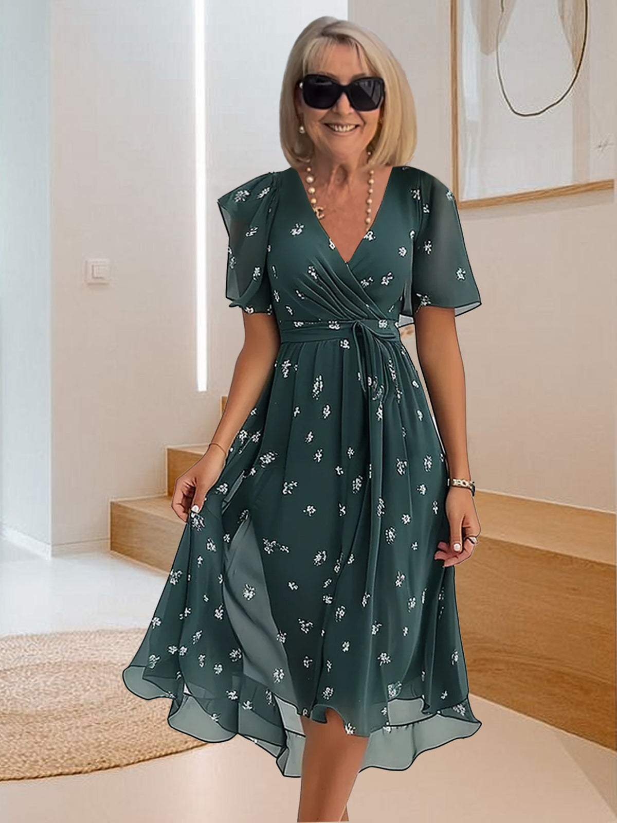 Ежедневна рокля с V-образно деколте, семпла, с щампа