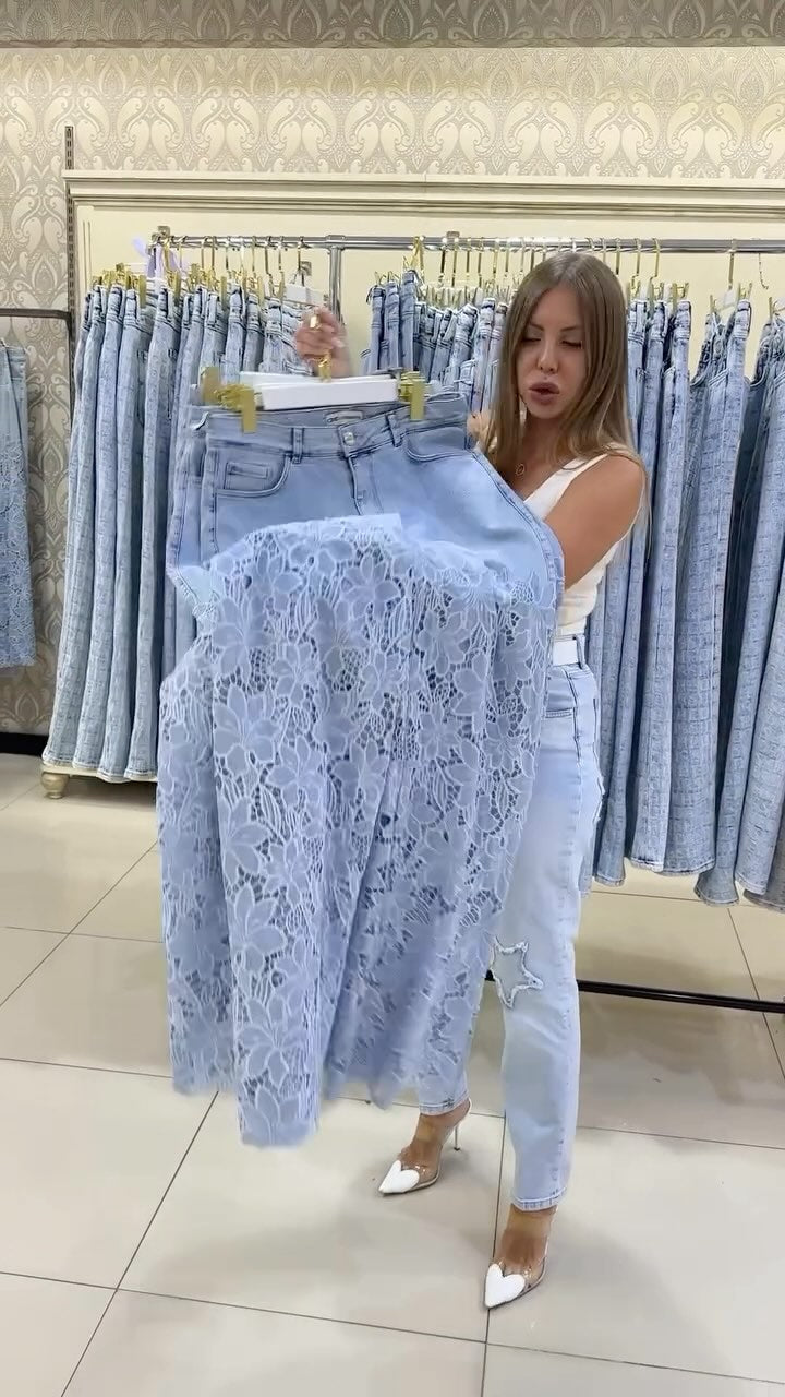 Дамски елегантни дантелени дънки