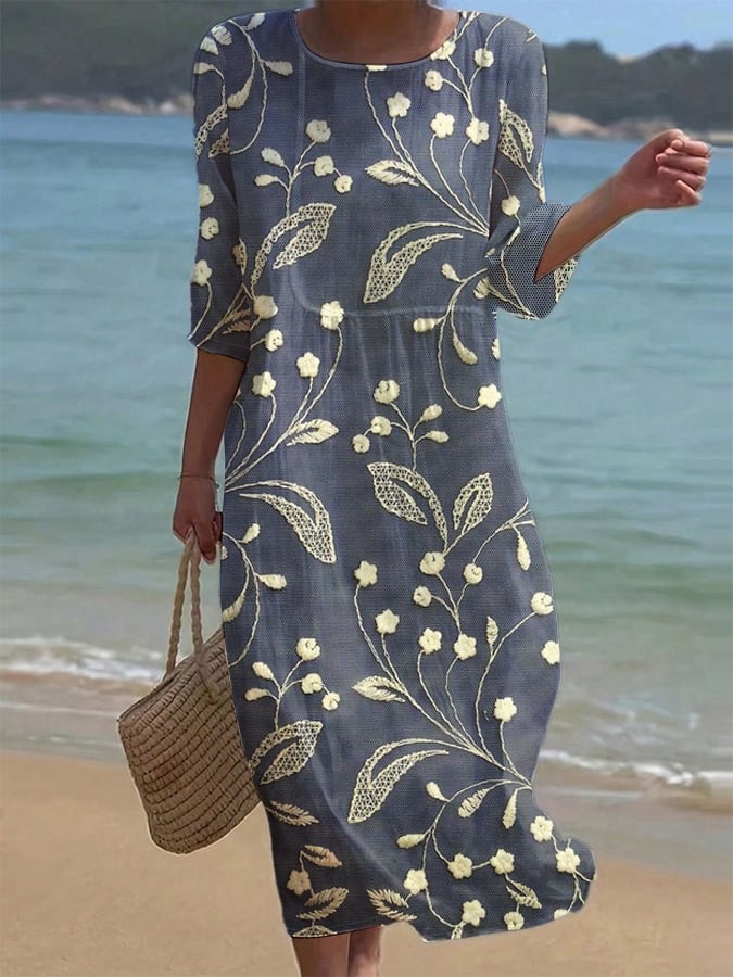 Дамска едноцветна рокля от памук и лен с кръгло деколте и флорален принт