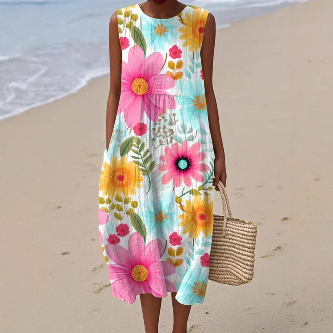 Дамска лятна рокля без ръкави с кръгло деколте