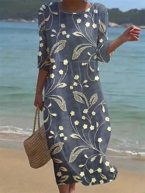 Дамска едноцветна рокля от памук и лен с кръгло деколте и флорален принт