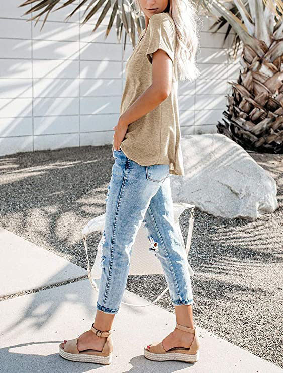 🌈 Едноцветна тениска с къс ръкав и джоб, нов летен стил