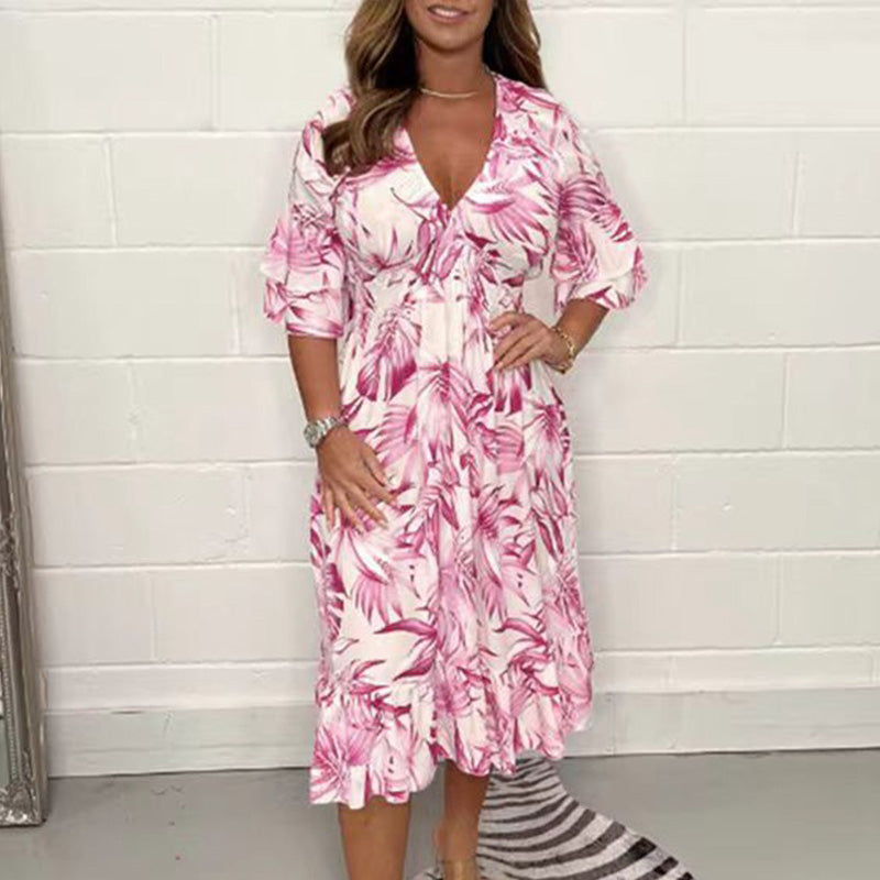 👗✨ Елегантни дамски рокли с V-образно деколте и ботанически мотив