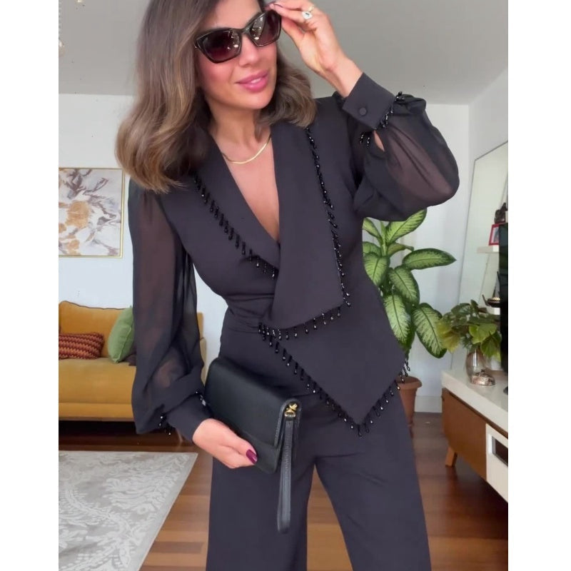 Set de pantaloni și pantaloni largi din plasă pentru femei