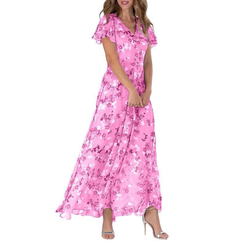 🌸 Könnyű, rövid ujjú, virágmintás maxiruha【M-3XL】