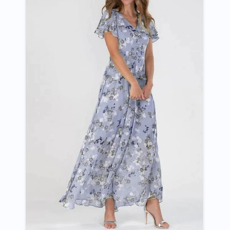 🌸 Könnyű, rövid ujjú, virágmintás maxiruha【M-3XL】