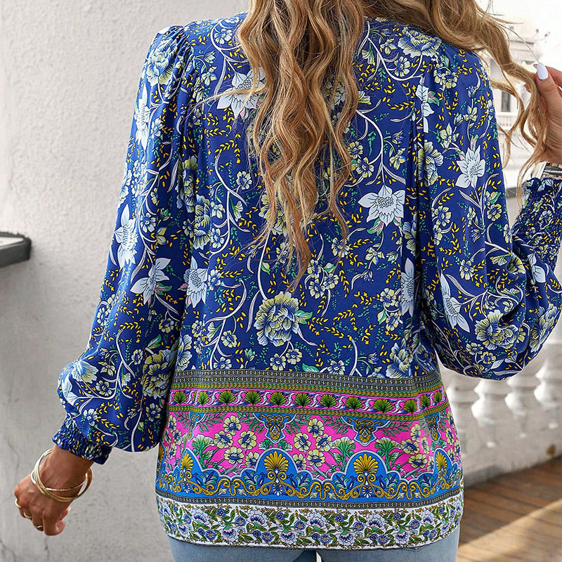 【S-2XL】🌺Női divatos, hosszú ujjú, nyomtatott V-nyakú ing