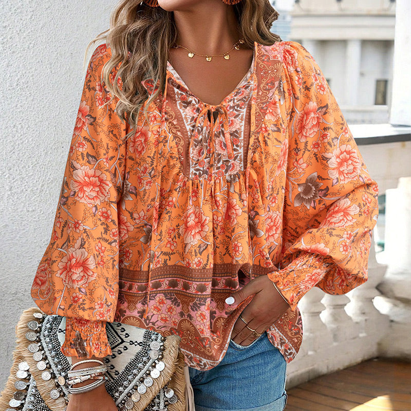 【S-2XL】🌺Női divatos, hosszú ujjú, nyomtatott V-nyakú ing