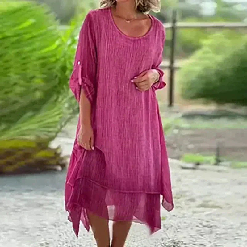💕Női elegáns egyszínű egyszínű kerek nyakú laza illeszkedő ruha