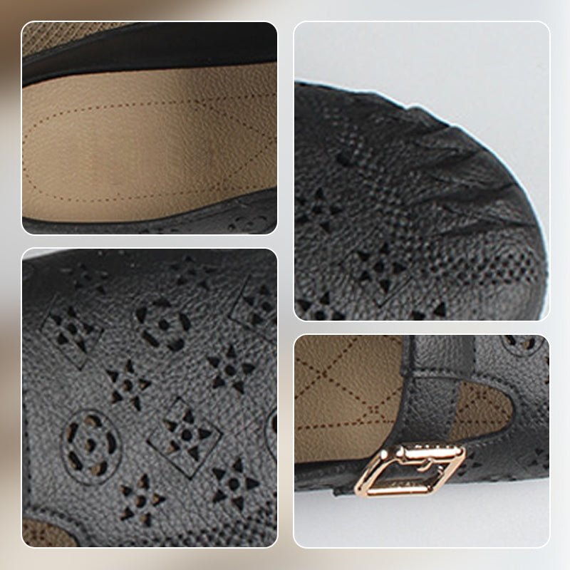 Дамски чехли с нисък ток и кухи резбовани цветя с кръгла глава