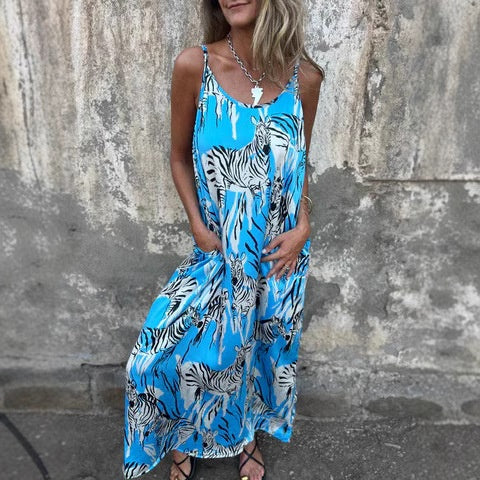 💙Női nyomott spagettipántos hát nélküli ruha