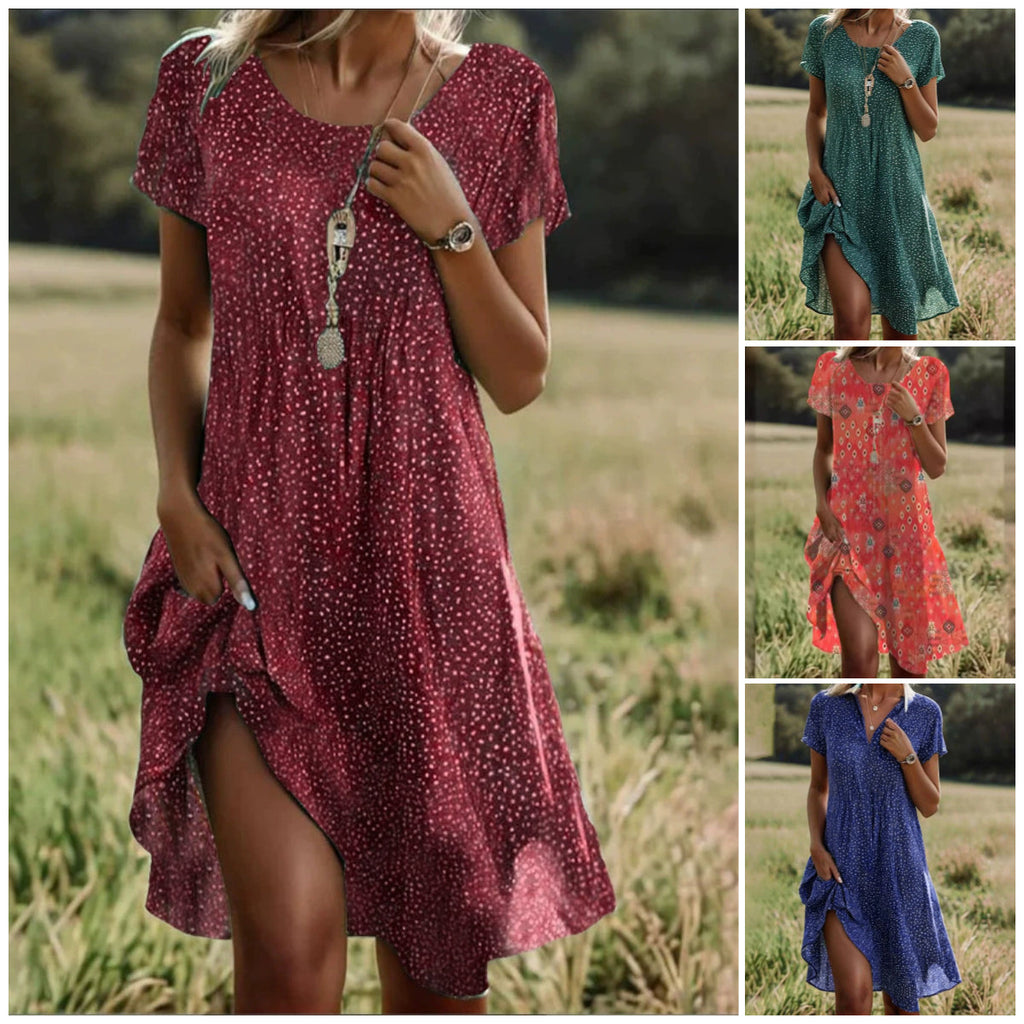 🌸Елегантна зелена рокля миди с къс ръкав и точки