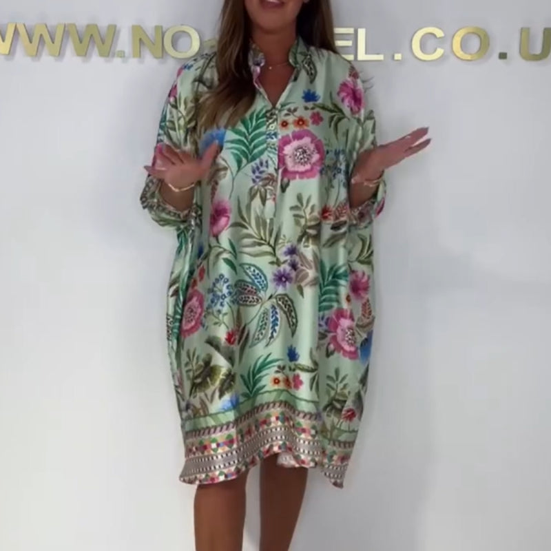 🌺Laza virágmintás ruha gombos V-nyakkal